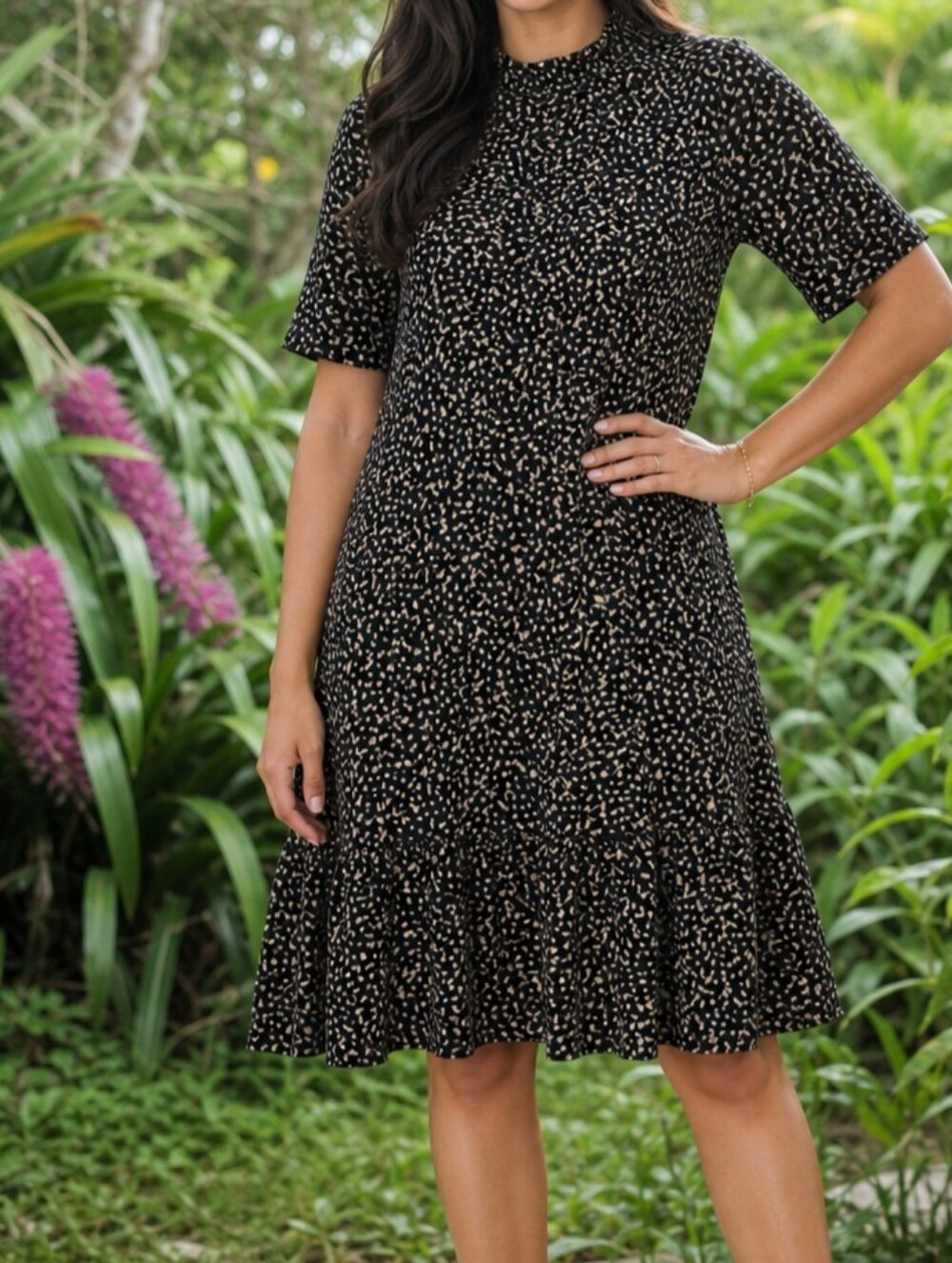 Zara Black Dress with Blush Dot Print Drop Waist Ruffled Midi Animal Print Sz. M